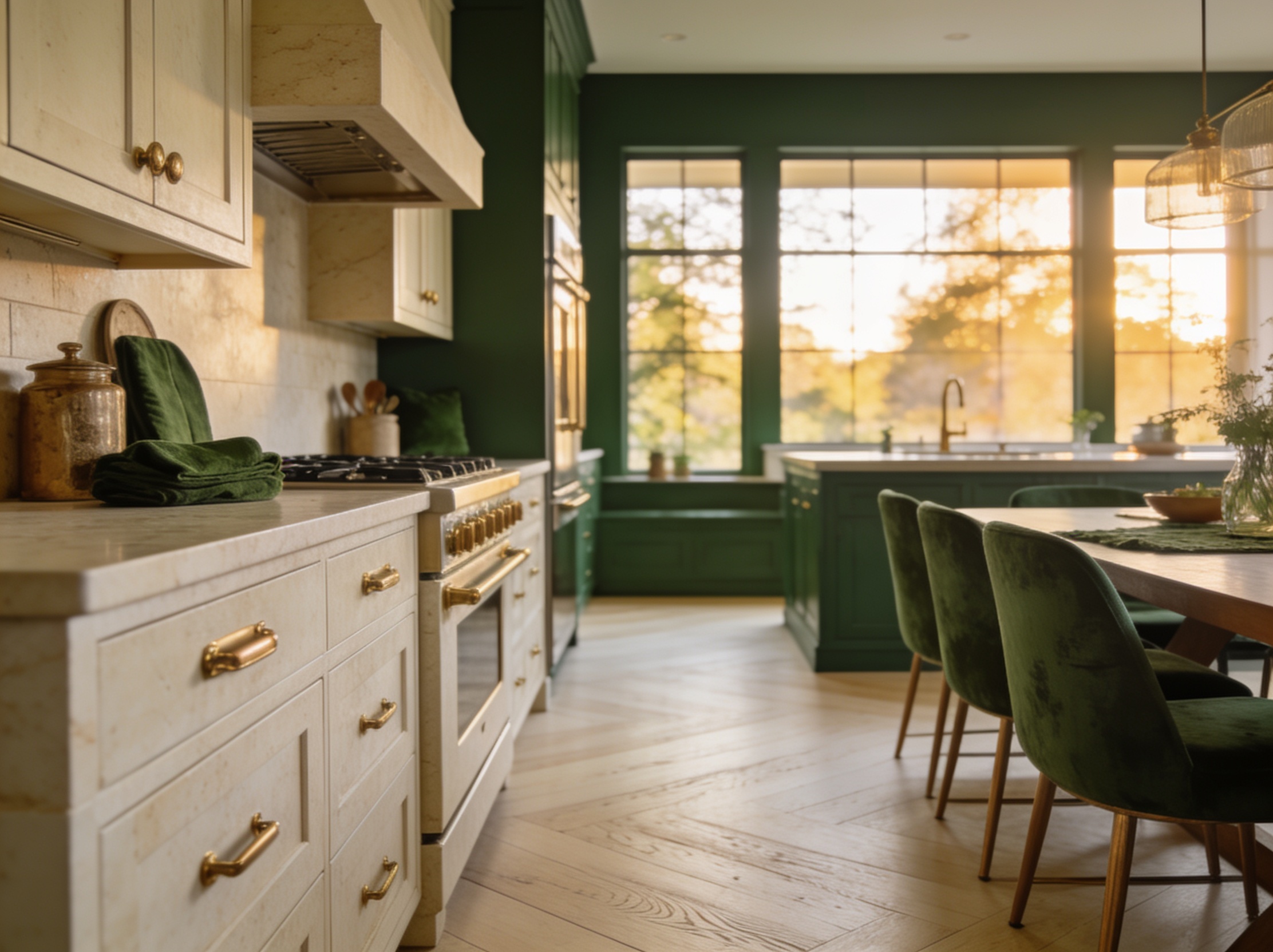 Custom kitchen and dining space with cream cabinetry, brass hardware, and deep green accents